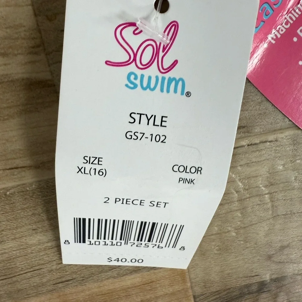 NWT Sol Swimsuit 2 Pc Rash Guard Set Girls Size 16 Top 14 Bottom Pink Strawberry